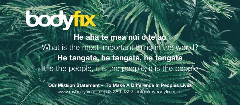 A green, leafy fern background with the white and yellow โbodyfixโ logo at the top. Overlaid text in Mฤori and English reads: โHe aha te mea nui o te ao. What is the most important thing in the world? He tangata, he tangata, he tangata. It is the people, it is the people, it is the people.โ Below, smaller text reads: โOur Mission Statement โ To Make A Difference In Peoples Lives,โ along with the website mybodyfix.co.nz, a phone number, and an email address.